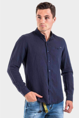 Ленена тъмносиня мъжка риза 