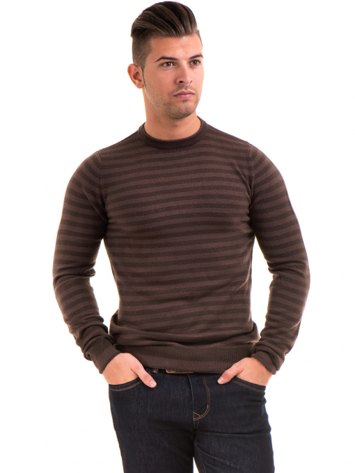 Мъжки пуловер на райе и обло деколте  AFM 604 - кафяв