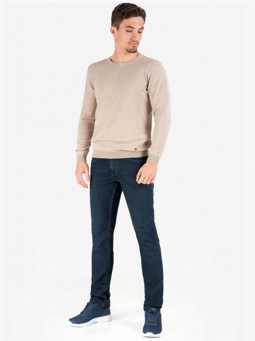 Мъжки пуловер с обло бие - светло бежов INDIGO Fashion