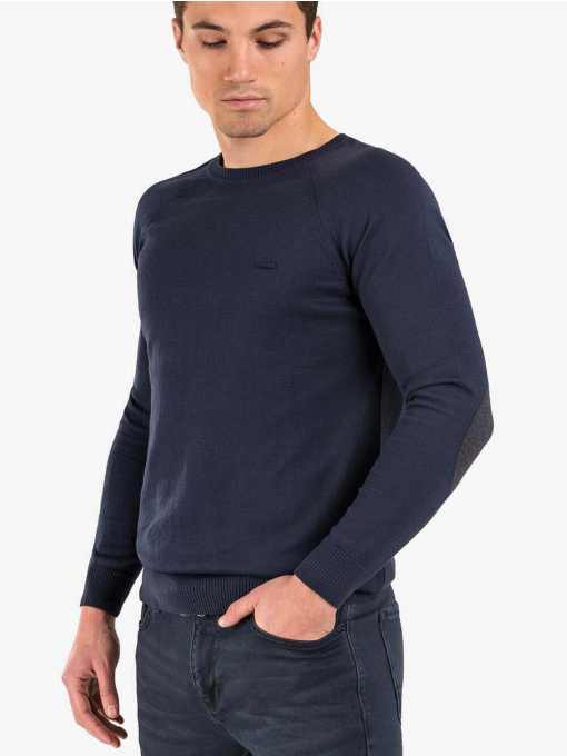 Едноцветен памучен мъжки пуловер - тъмносин 927 INDIGO Fashion