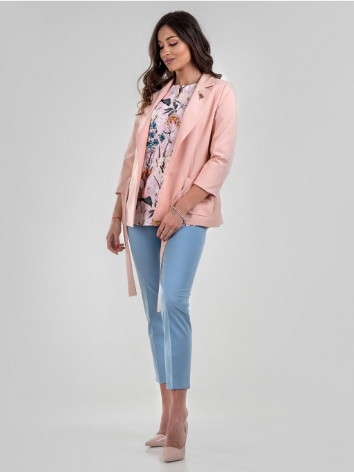 Класическо дамско сако с колан - цвят праскова 1258 INDIGO Fashion