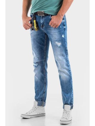 Прави мъжки дънки с накъсване 50018 INDIGO Fashion