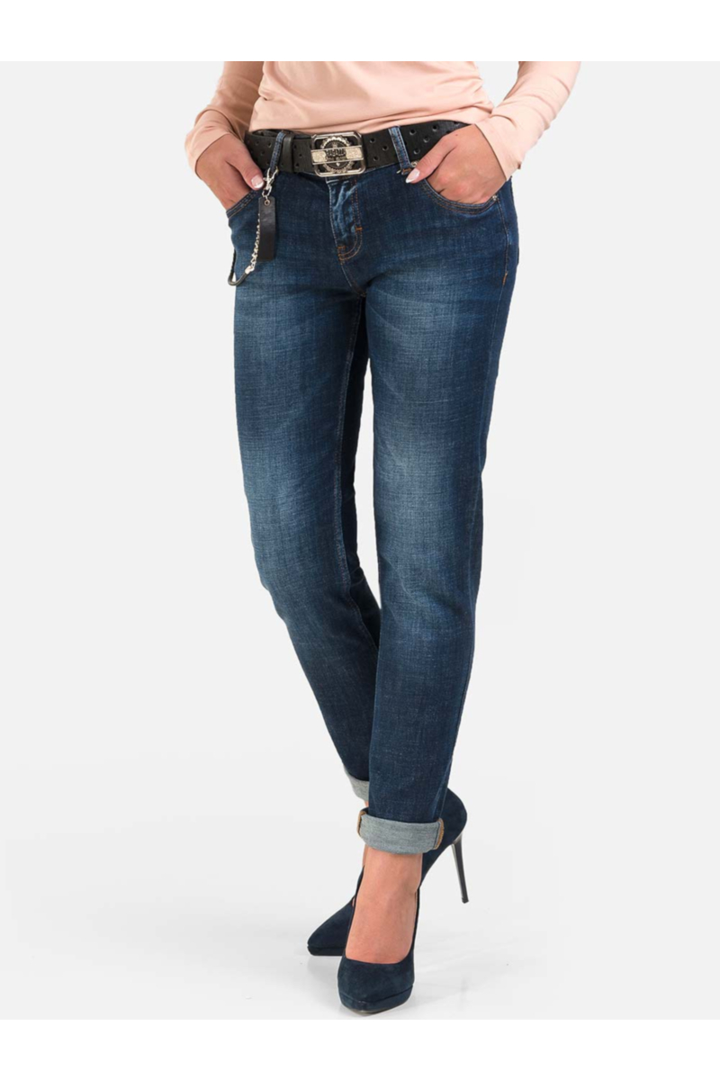 Дамски дънки бойфренд модел с черен колан и верижка 5604 INDIGO Fashion