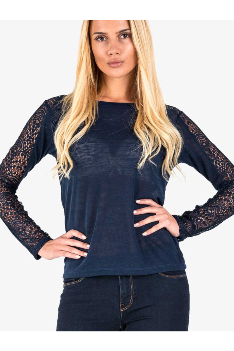 Дамска блуза с дантела на ръкавите и гърба - тъмносиня 601451 INDIGO Fashion