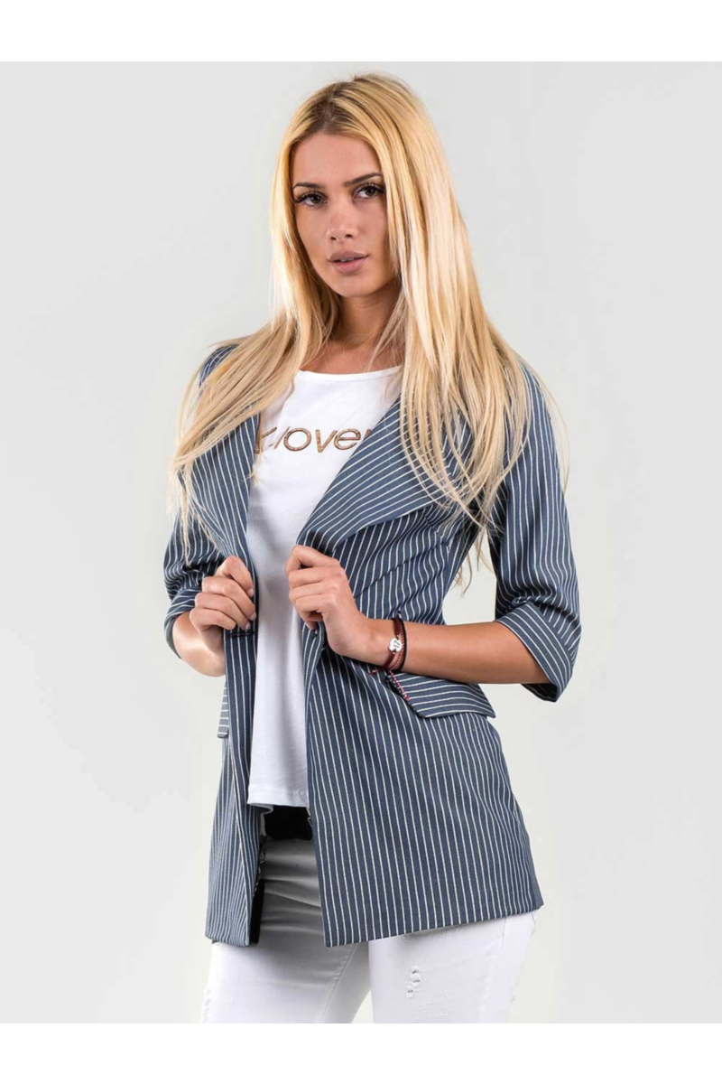 Синьо дамско сако на бяло райе S4015 INDIGO Fashion