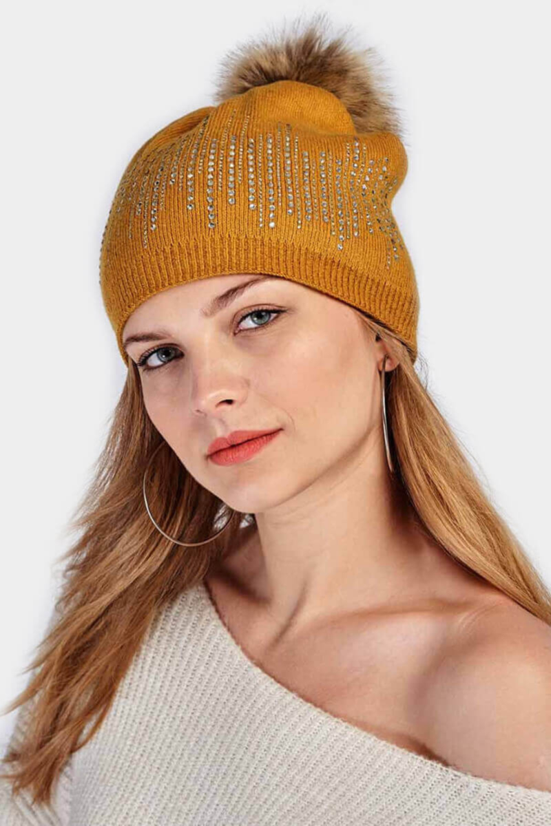 Дамска шапка с лъскава мъниста и помпон 11285 INDIGO Fashion