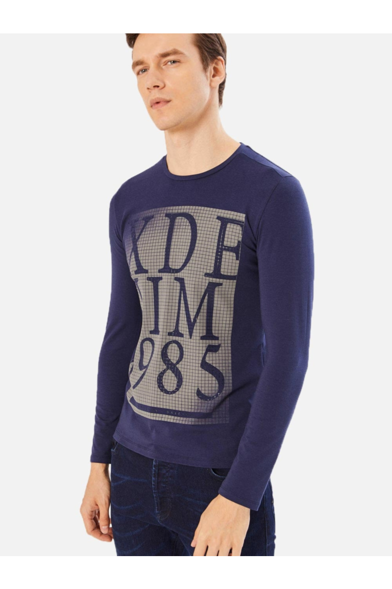 Мъжка блуза с дълъг ръкав и надпис - тъмносиня 501336 INDIGO Fashion