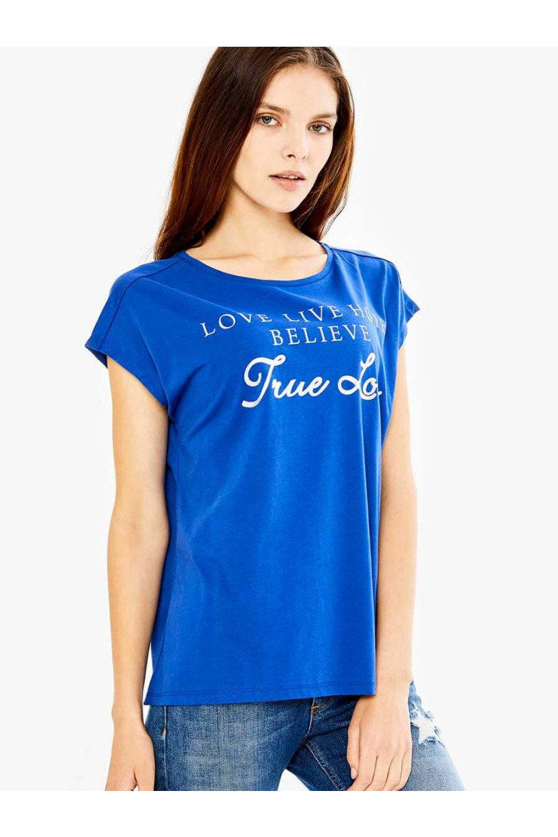 Дамска памучна блуза с надпис - синя 601494 INDIGO Fashion