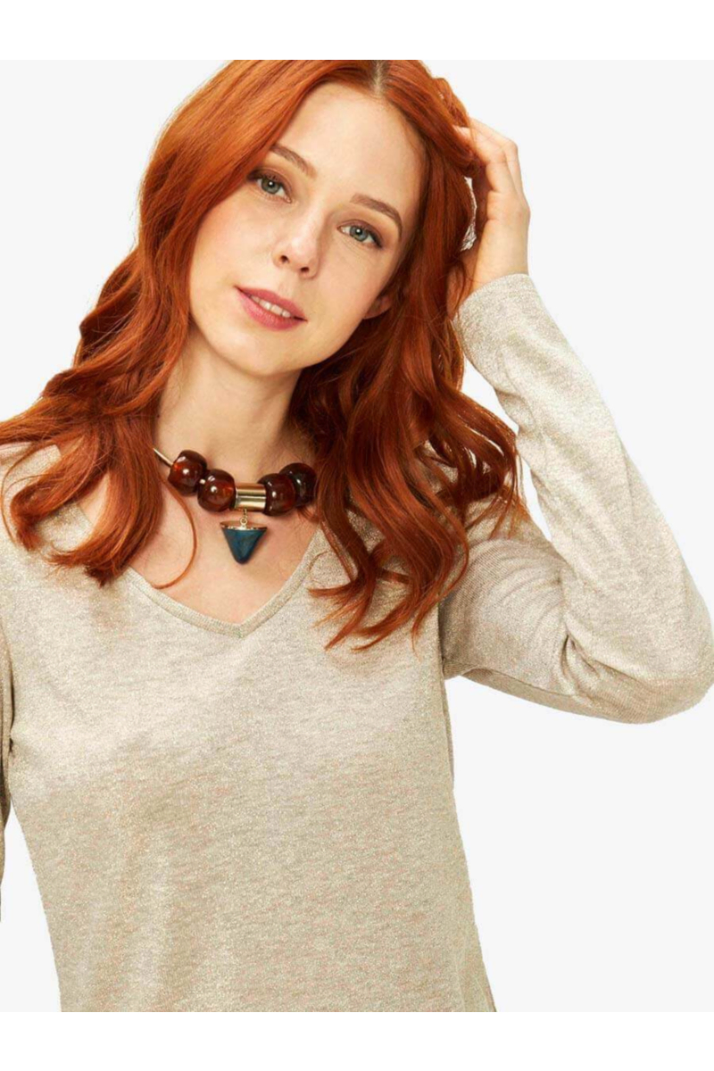 Дамска блуза със златиста нишка - бежова 601644 INDIGO Fashion
