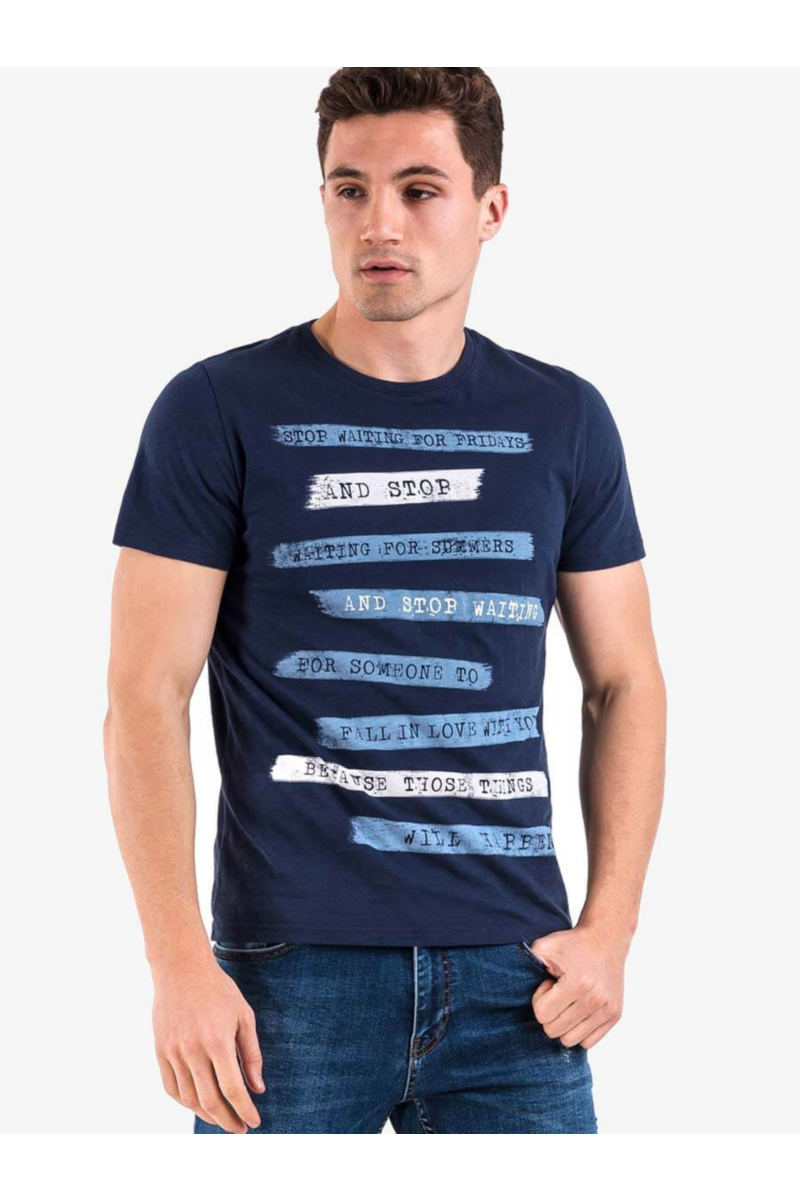 Тъмносиня мъжка тениска с надпис 3795 INDIGO Fashion