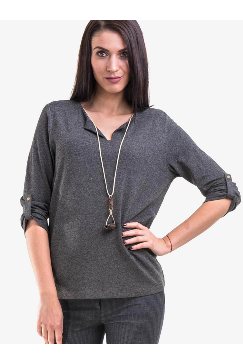 Дамска блуза с колие - сива - големи размери B30131 INDIGO Fashion