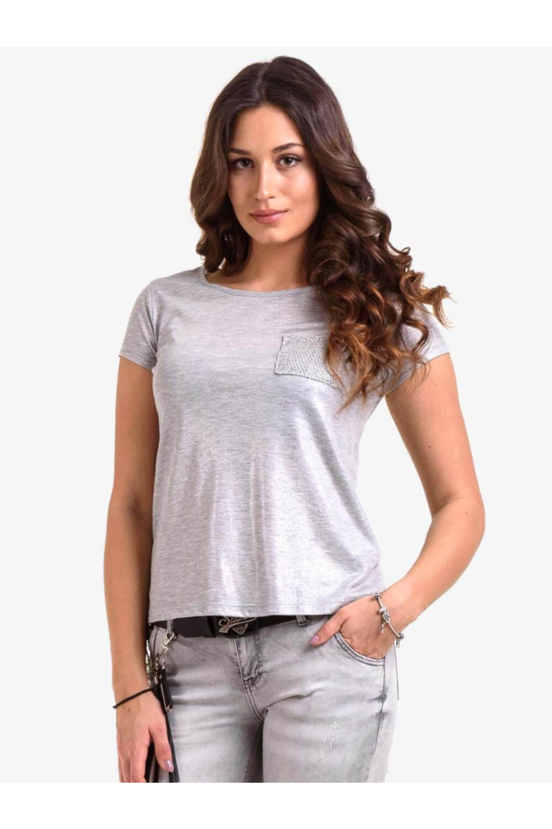 Светлосива лъскава дамска блуза с джоб 6341 INDIGO Fashion