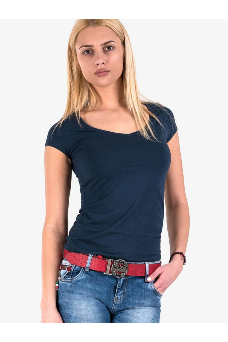 Дамска едноцветна блуза с V-образно деколте - тъмносиня 601471 INDIGO Fashion