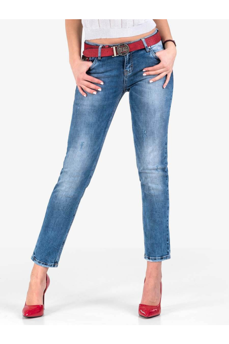 Бойфренд дамски дънки с червен колан 5722 INDIGO Fashion