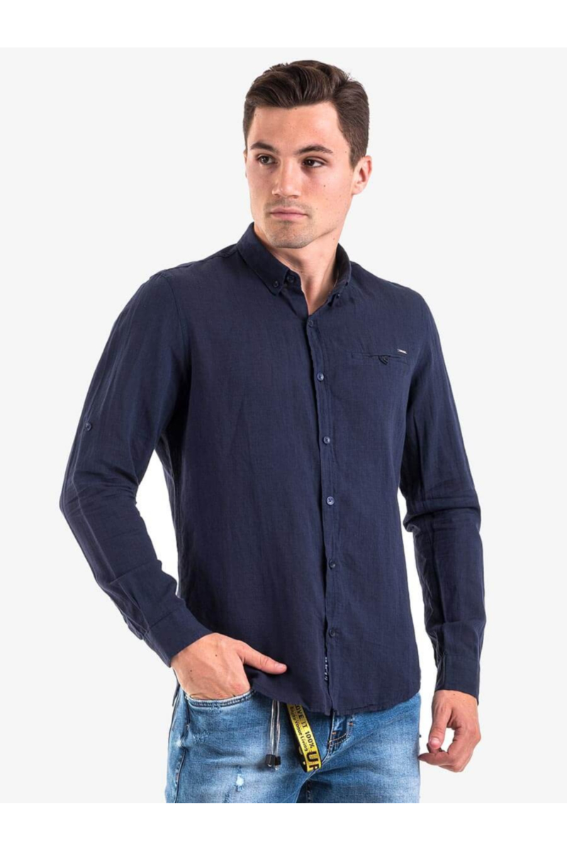 Тъмносиня ленена мъжка риза - големи размери B32250 INDIGO Fashion