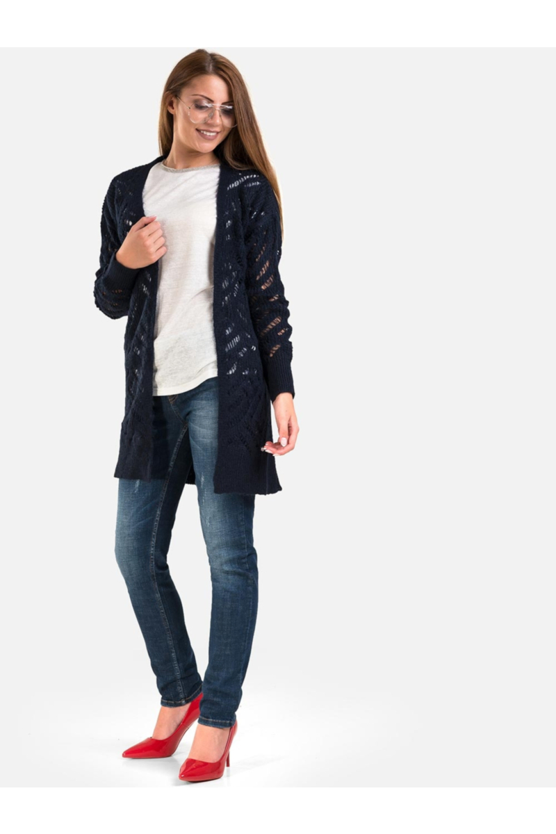 Дълга дамска тъмносиня жилетка на едра плетка 850469 INDIGO Fashion