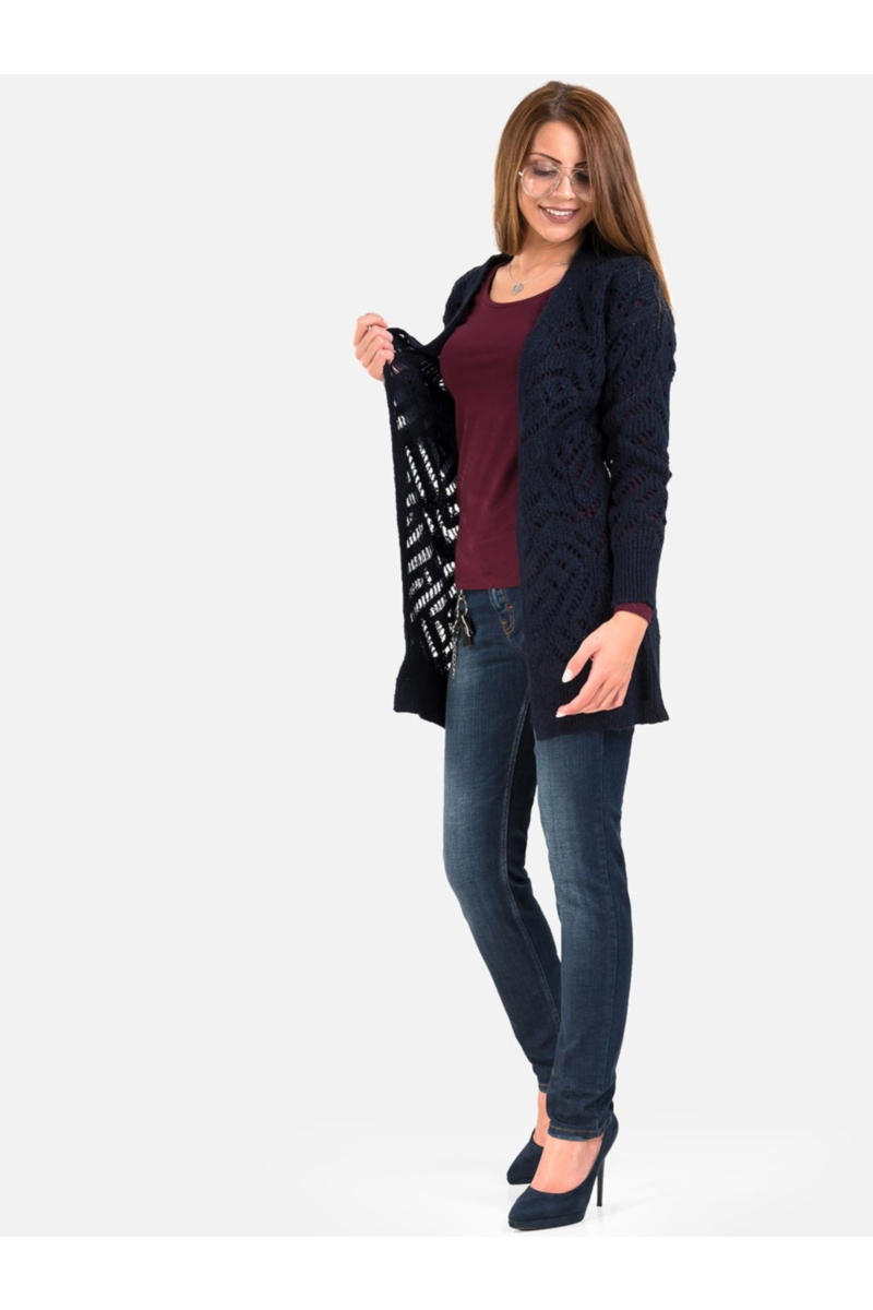 Дълга дамска тъмносиня жилетка на едра плетка 850469 INDIGO Fashion