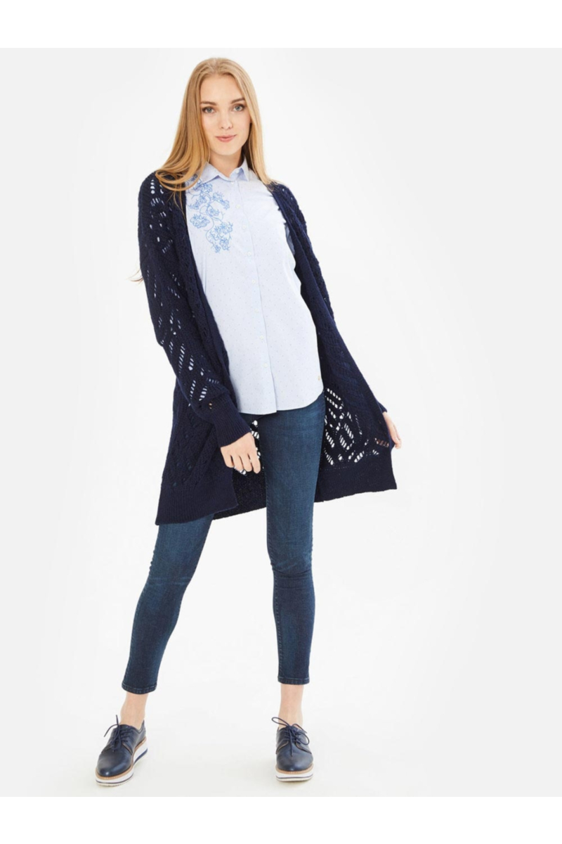Дълга дамска тъмносиня жилетка на едра плетка 850469 INDIGO Fashion