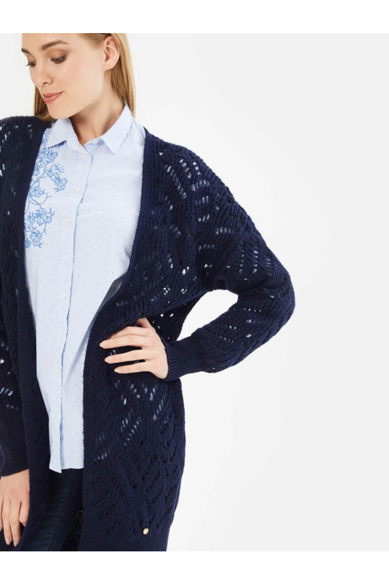 Дълга дамска тъмносиня жилетка на едра плетка 850469 INDIGO Fashion