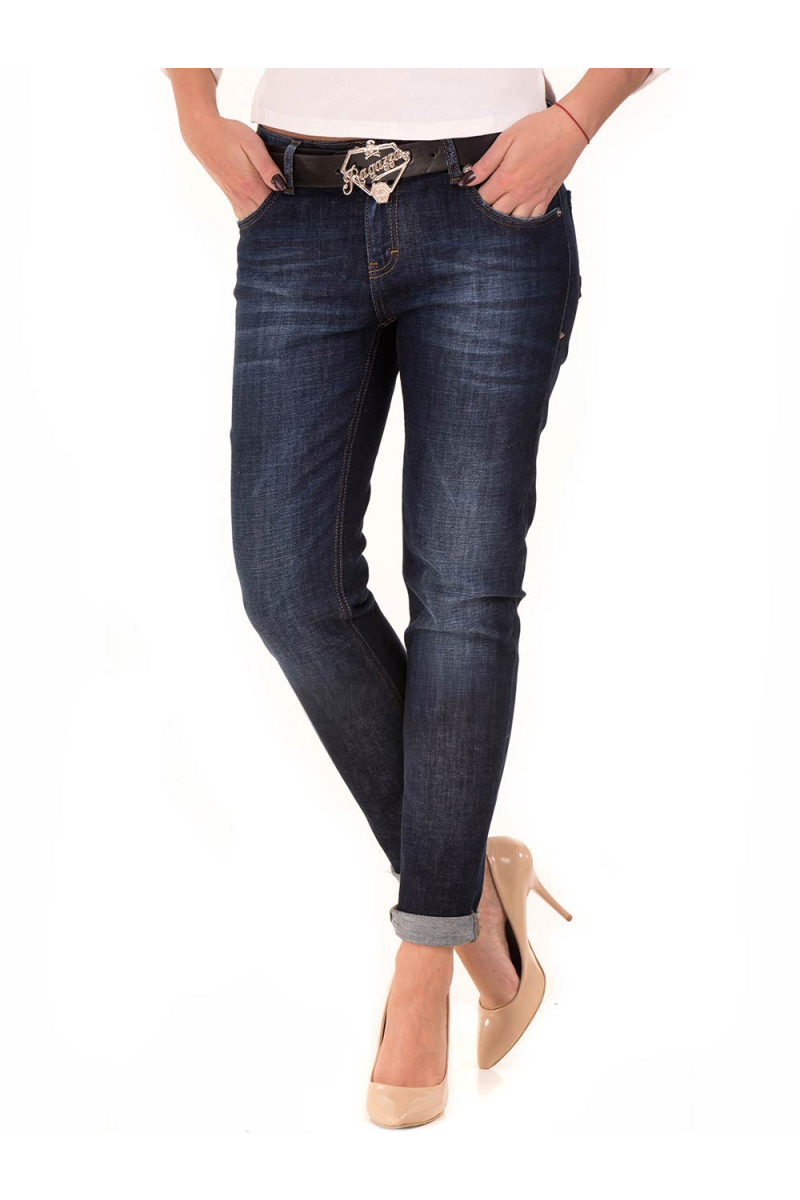 Бойфренд дамски дънки с колан - тъмен деним INDIGO Fashion