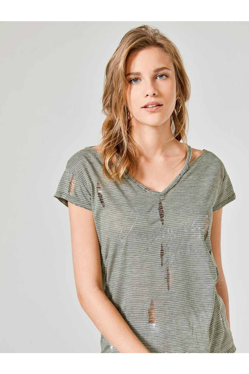 Накъсана дамска блуза на райе - цвят каки 601325 INDIGO Fashion