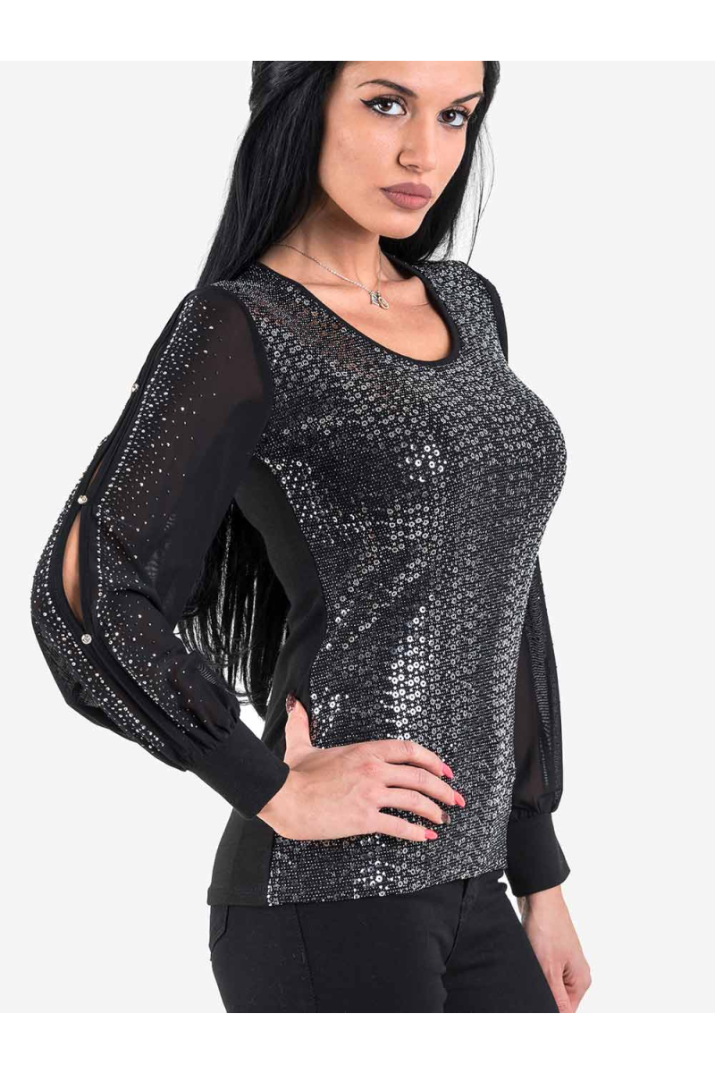Дамска блуза с ефектни ръкави - черна 9229 INDIGO Fashion