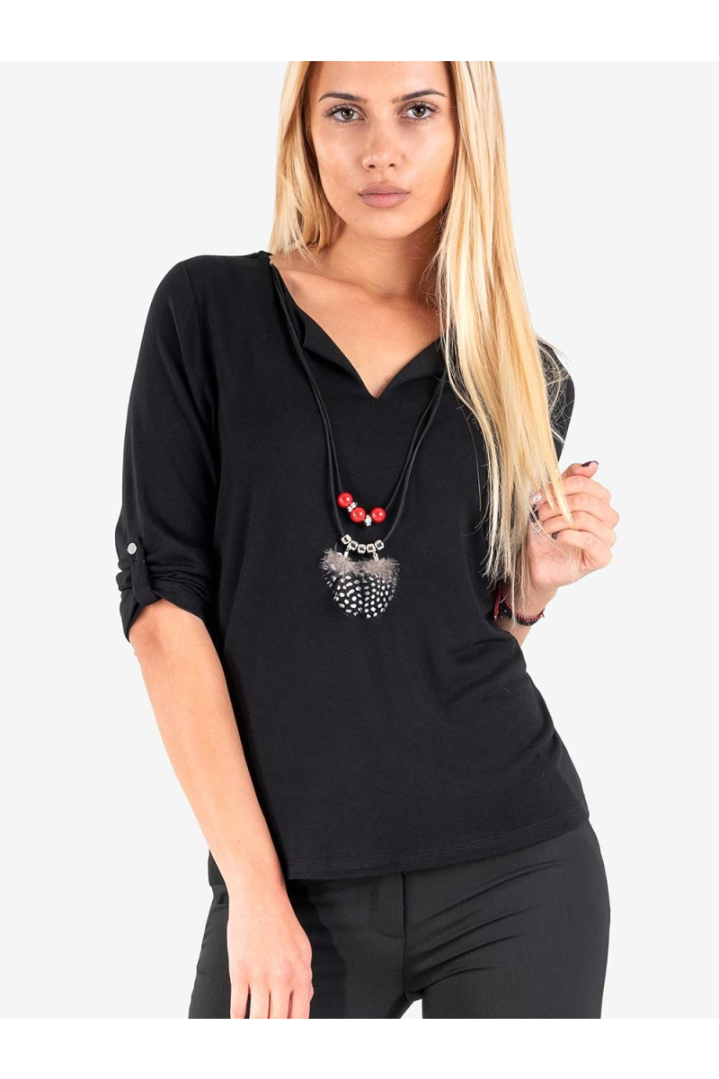 Дамска спортно-елегантна блуза с колие - черна - големи размери B30131 INDIGO Fashion