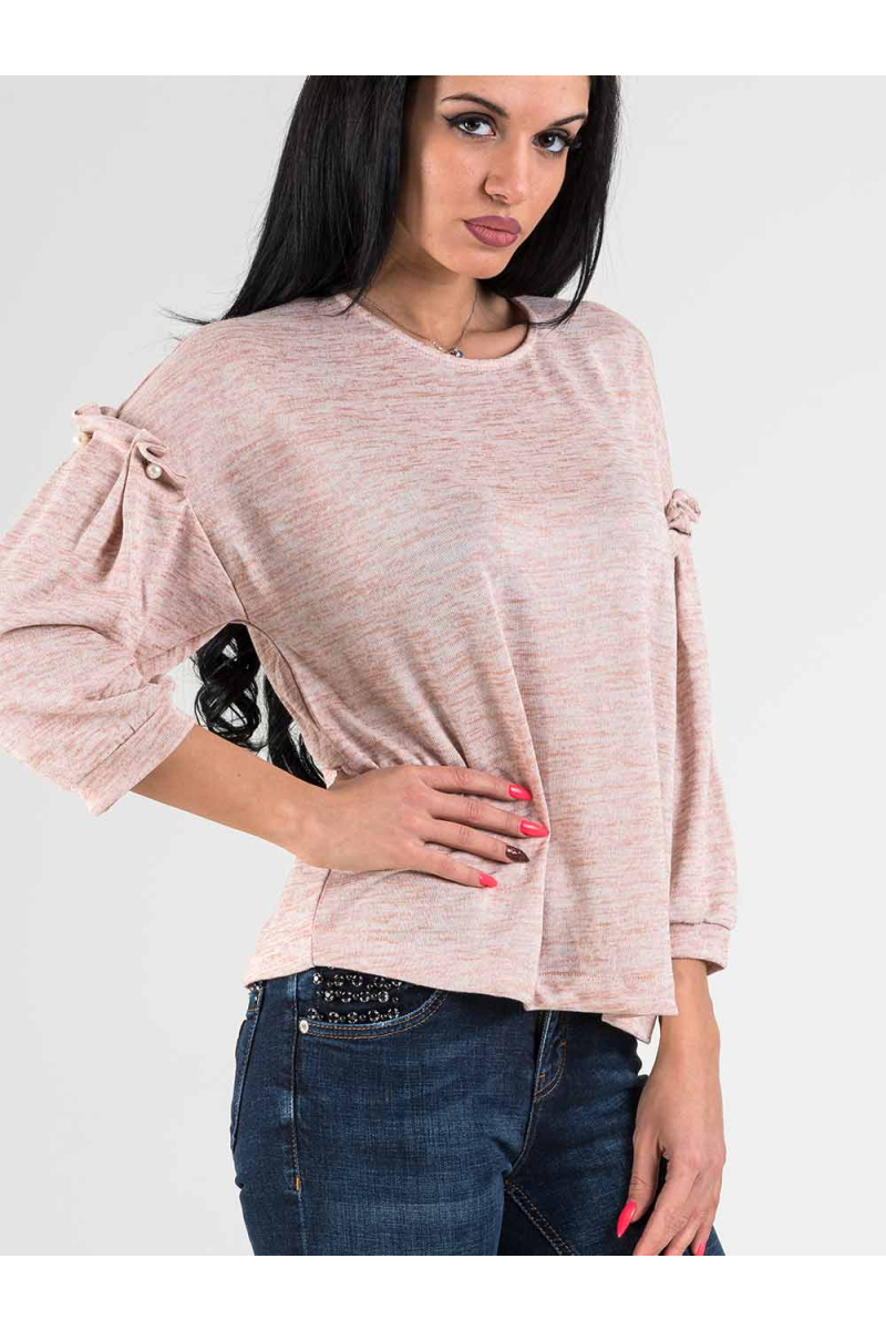 Дамска блуза с перли и паднал ръкав - цвят пудра 601441 INDIGO Fashion