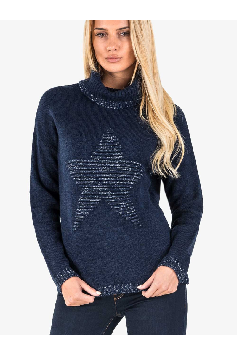 Дамска блуза с релефна звезда - тъмносиня 850320 INDIGO Fashion