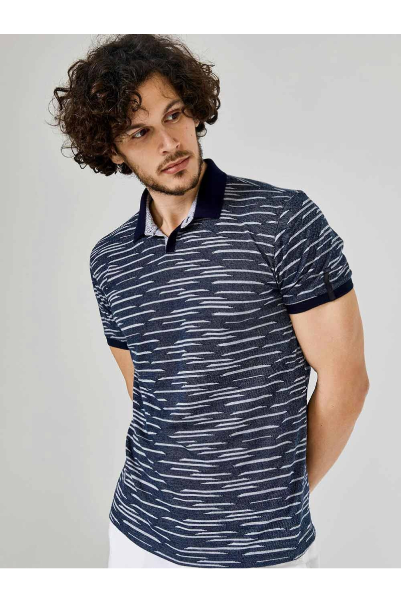 Тъмносиня мъжка блуза с яка и фигурален десен 501245 INDIGO Fashion