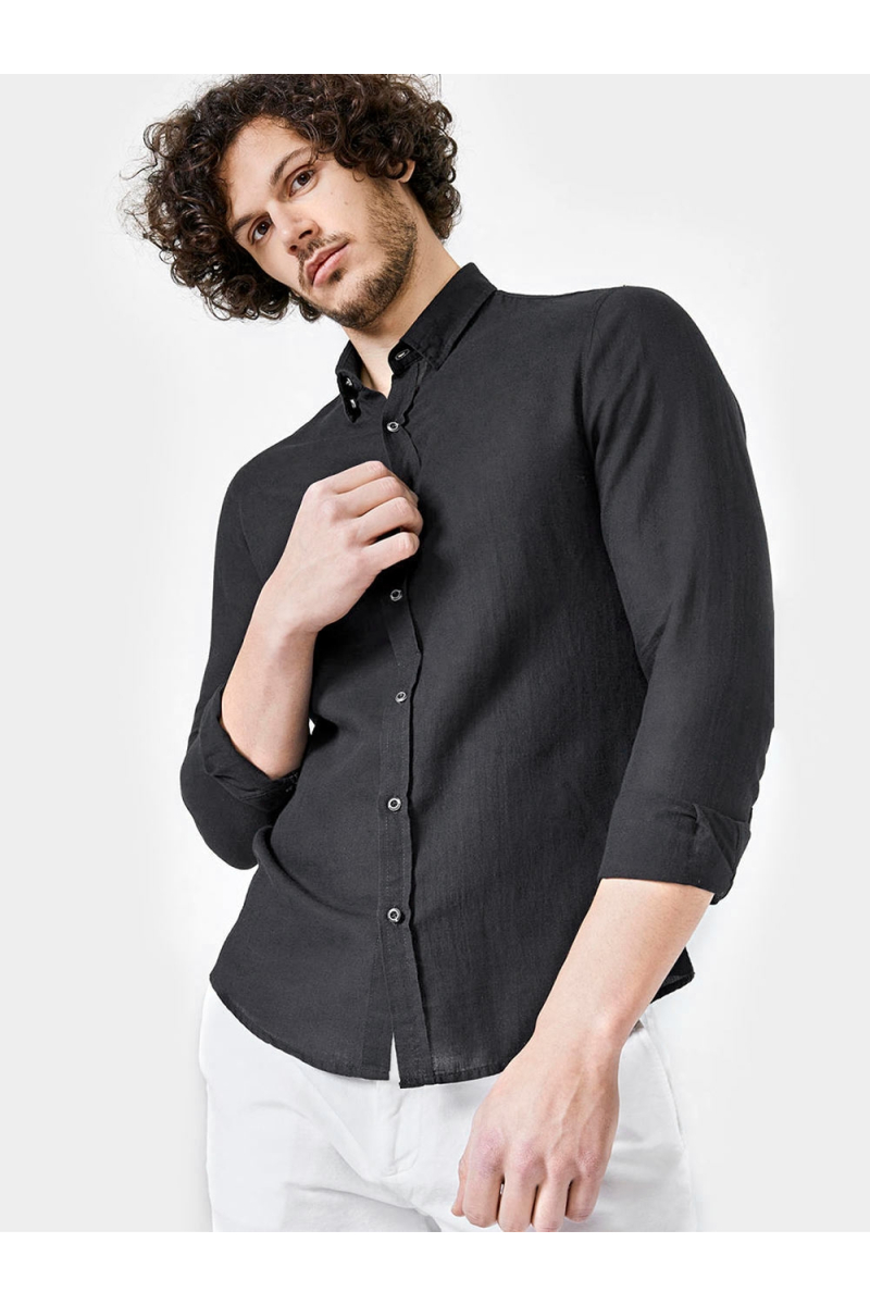 Ленена мъжка риза с дълъг ръкав - черна 700613 INDIGO Fashion