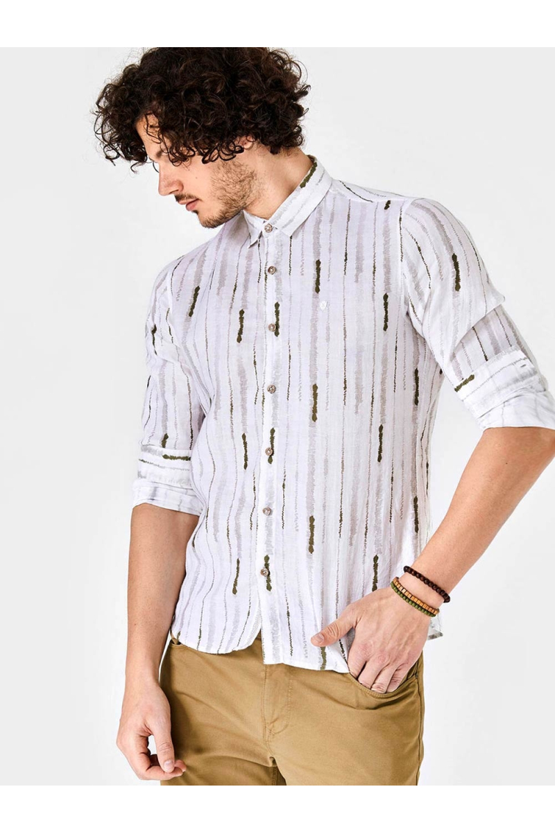 Ленена мъжка риза на зелени райета 700661 INDIGO Fashion