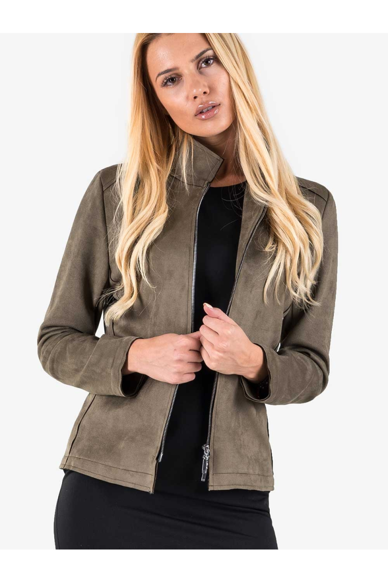 Дамско късо яке с цип - цвят каки 26048 INDIGO Fashion