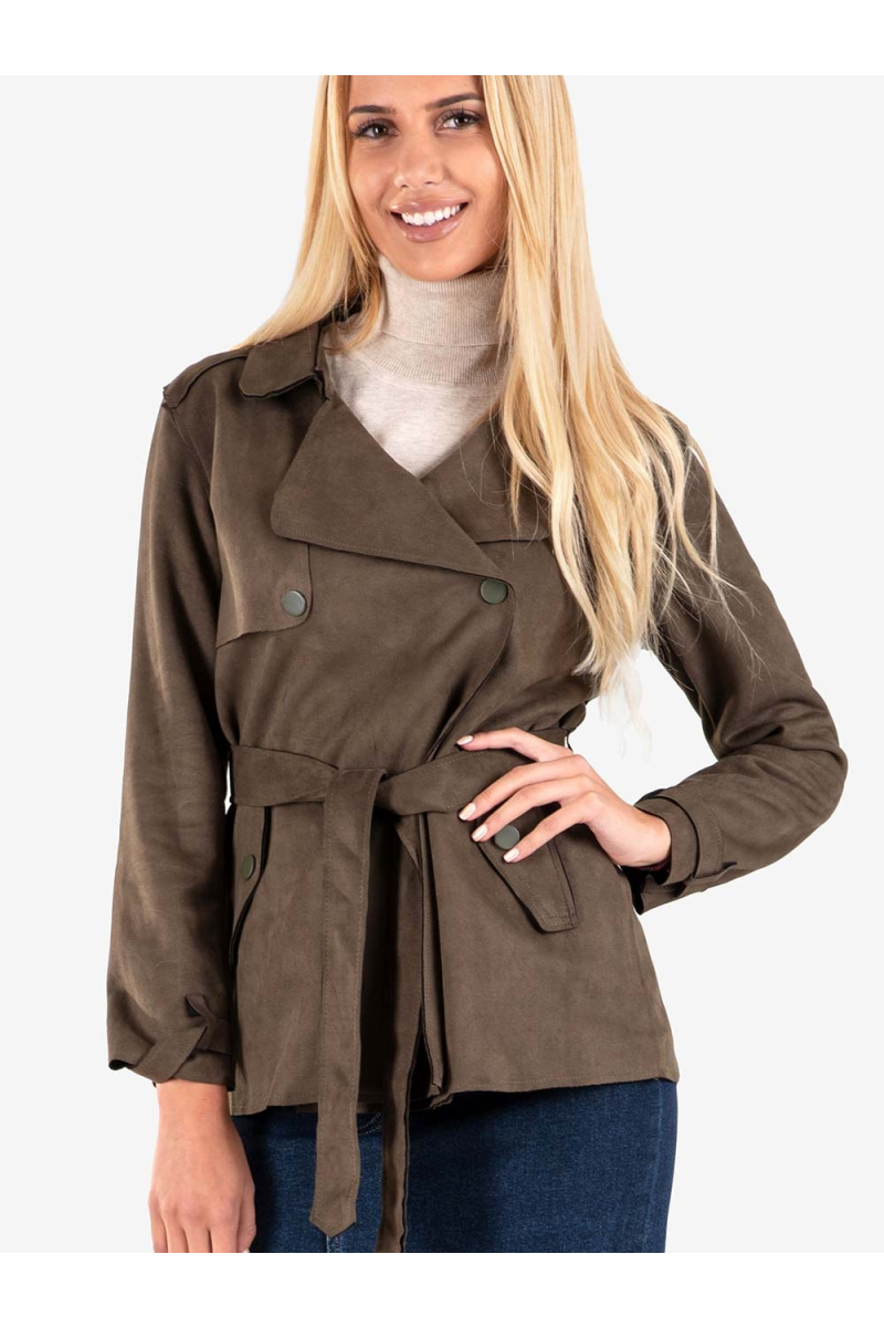 Дамско яке с текстилен колан - цвят каки 78016 INDIGO Fashion