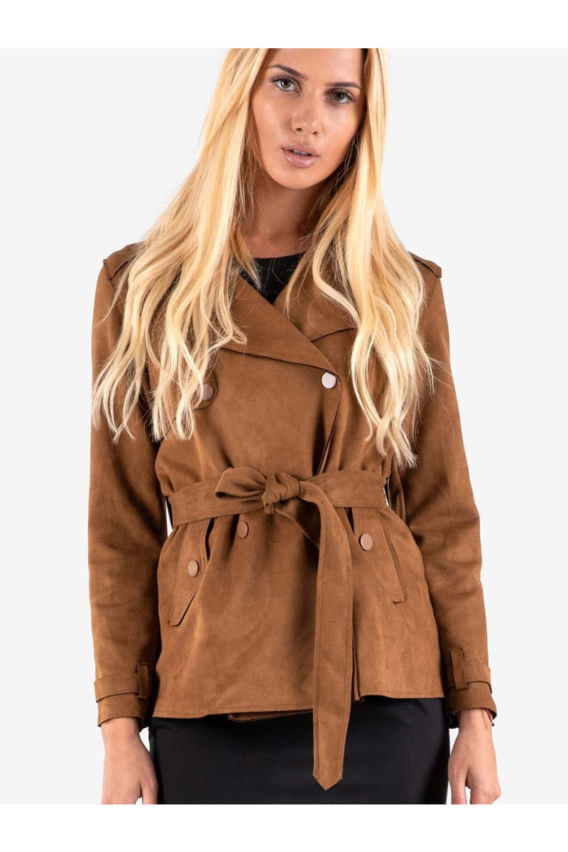Дамско яке с текстилен колан - светло кафяво 78016 INDIGO Fashion