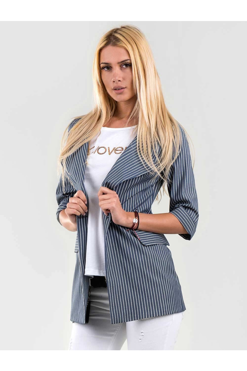 Синьо дамско сако на бяло райе S4015 INDIGO Fashion