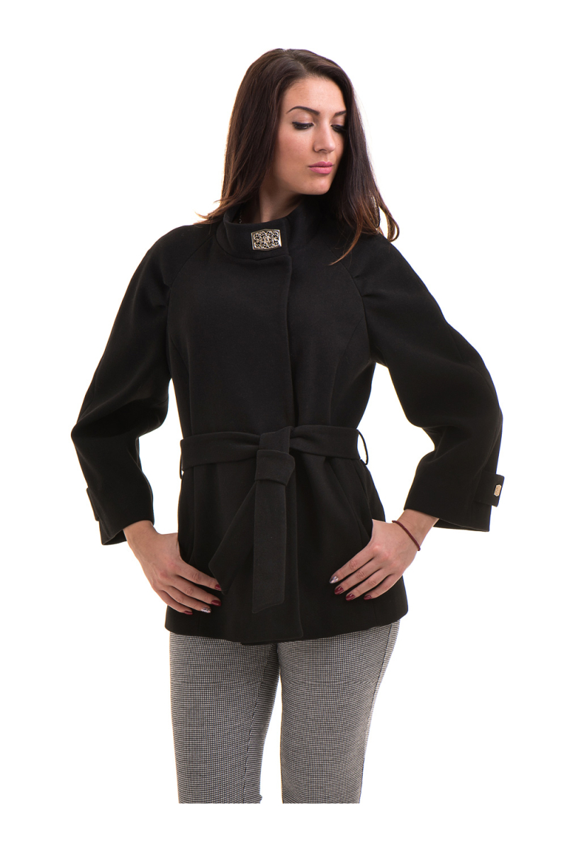 Елегантно късо дамско палто ICON с колан 9219 - черно 