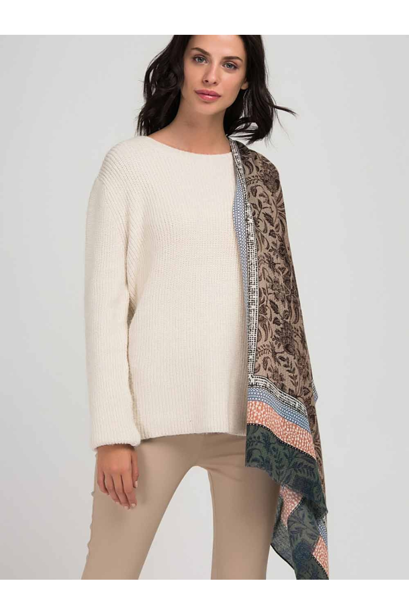 Дамски шал на флорални мотиви - тъмно бежов 10868 INDIGO Fashion