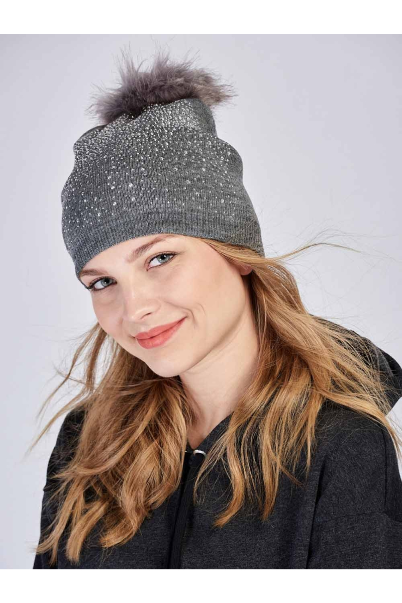 Дамска сива шапка с декоративни камъни 10955 INDIGO Fashion