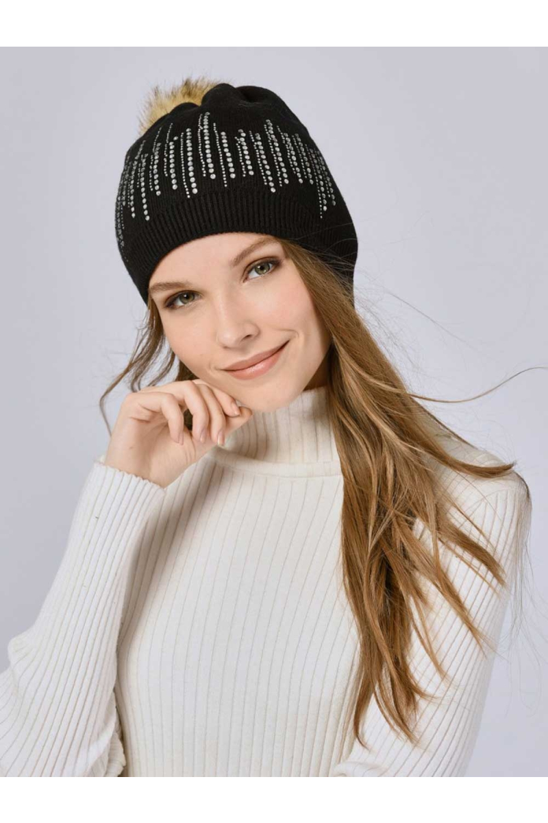 Дамска шапка с лъскава мъниста и помпон - черна 11285 INDIGO Fashion