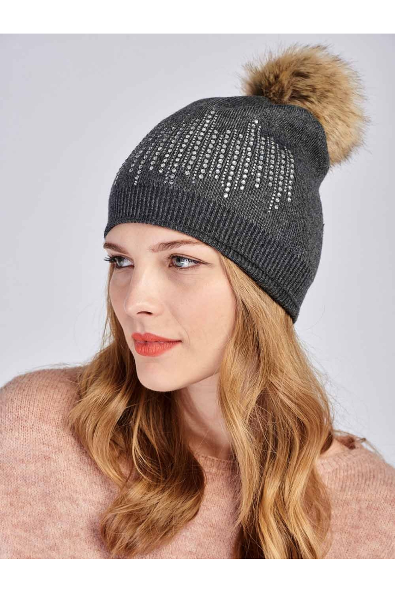Дамска шапка с лъскава мъниста и помпон - сива 11285 INDIGO Fashion