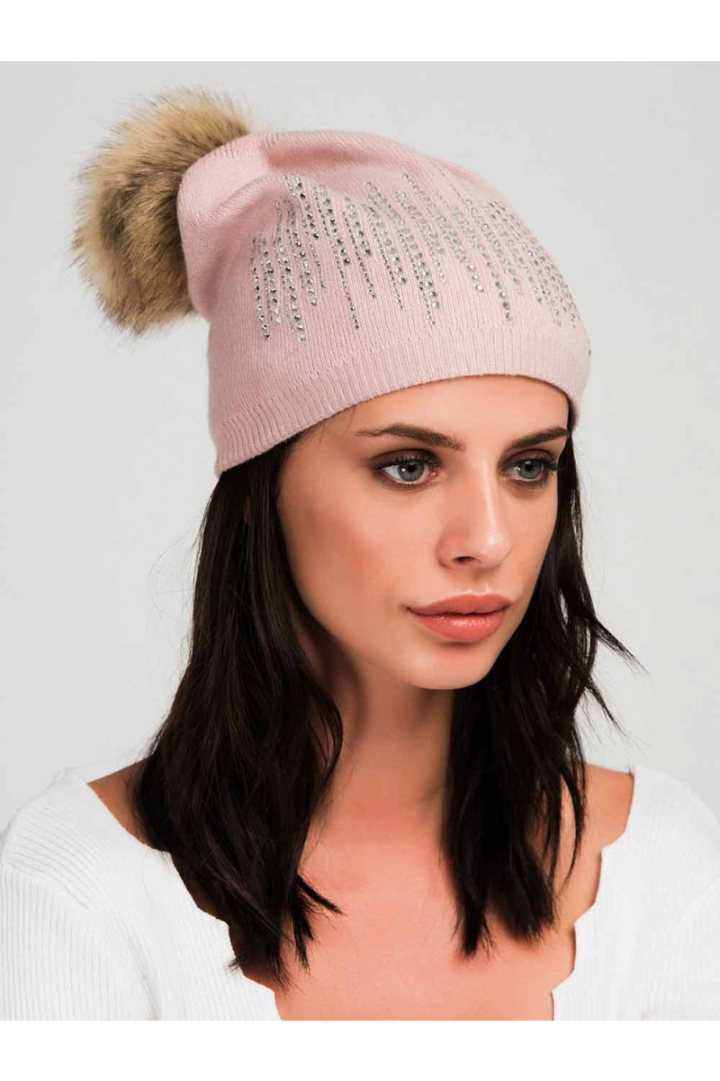 Дамска шапка с лъскава мъниста и помпон - розова 11285 INDIGO Fashion