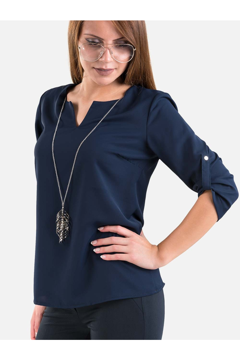 Дамска едноцветна блуза с колие - тъмносиня  30353 INDIGO Fashion