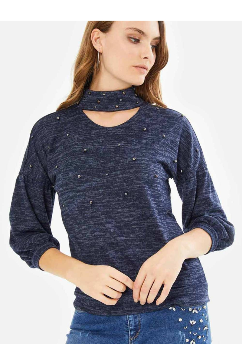 Дамска стилна блуза с 7/8 ръкав - тъмносиня 601435 INDIGO Fashion