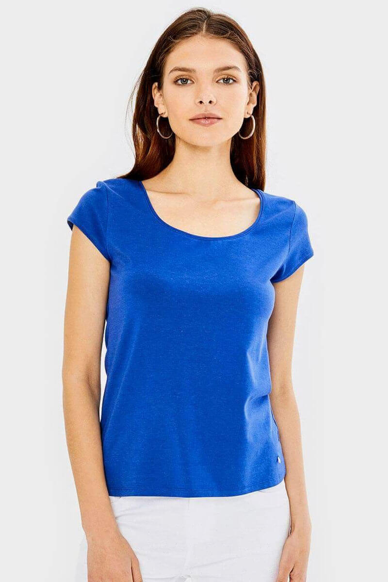 Дамска вталена блуза с овално деколте - синя 601472 INDIGO Fashion