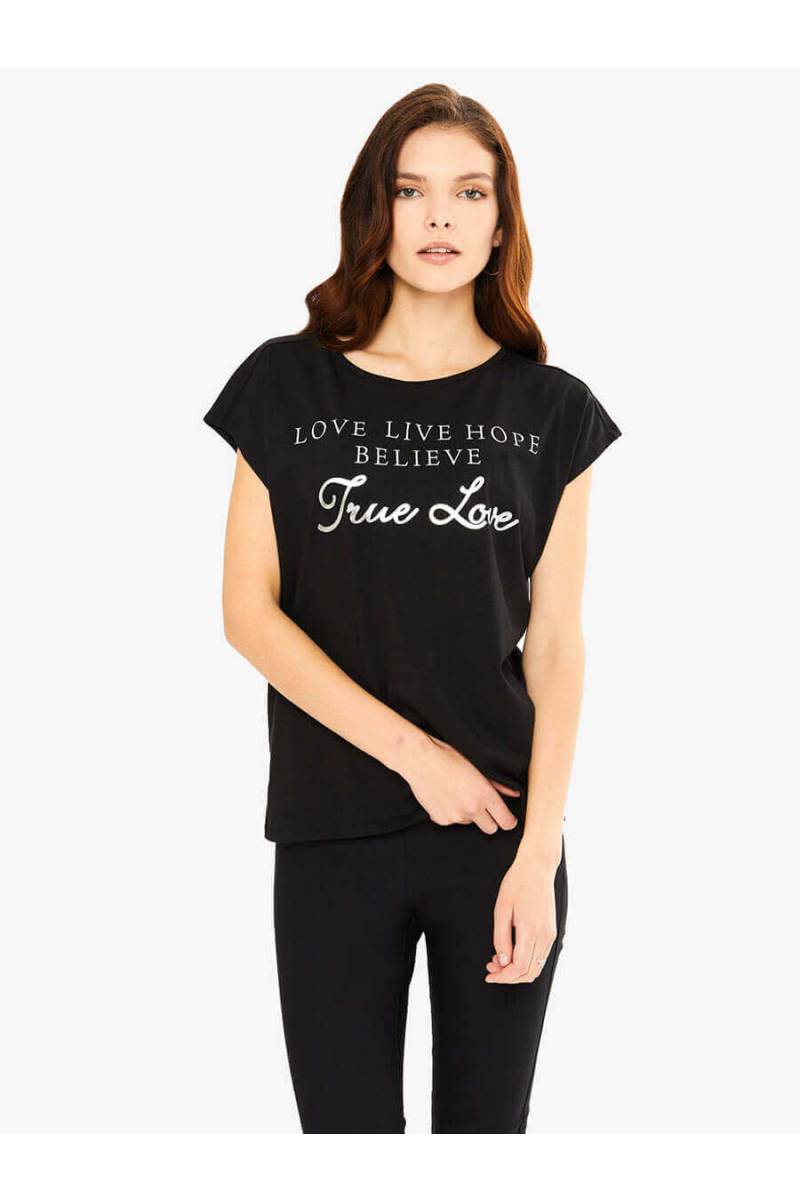 Дамска памучна блуза с надпис - черна 601594 INDIGO Fashion