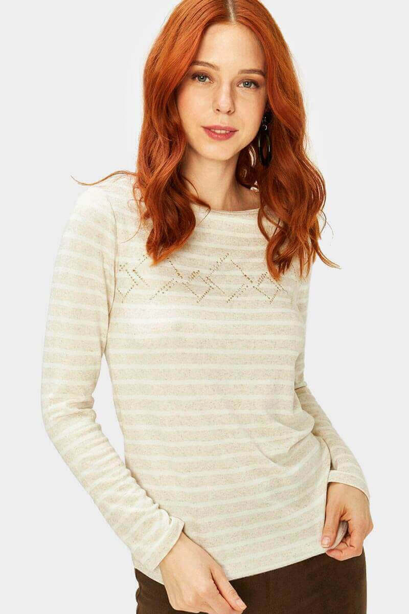 Дамска блуза на райе - бежова 601655 INDIGO Fashion