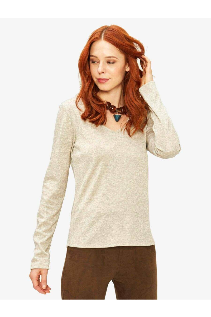Дамска блуза със златиста нишка - бежова 601644 INDIGO Fashion