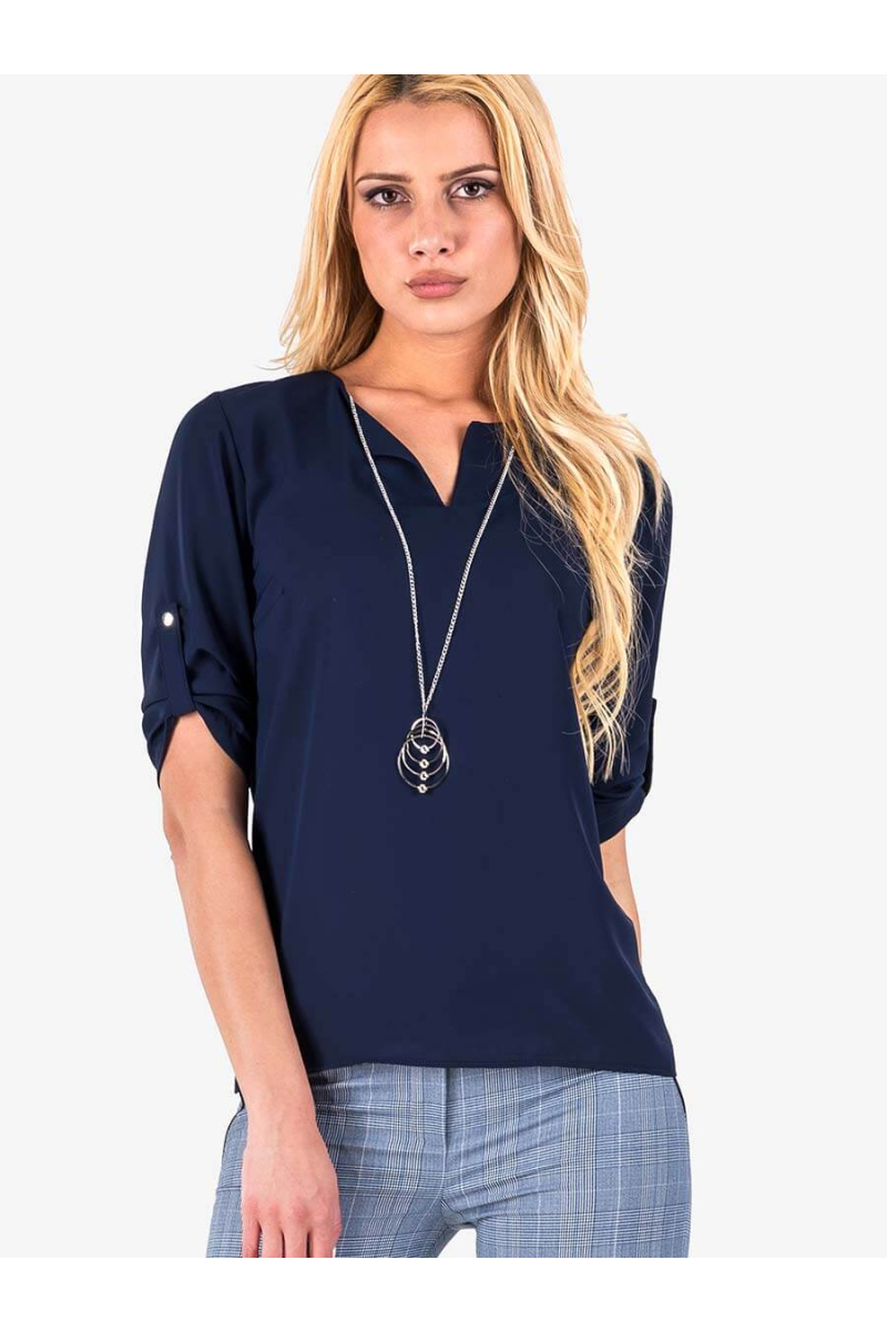 Елегантна блуза с колие - тъмно синя - големи размери B3852 INDIGO Fashion