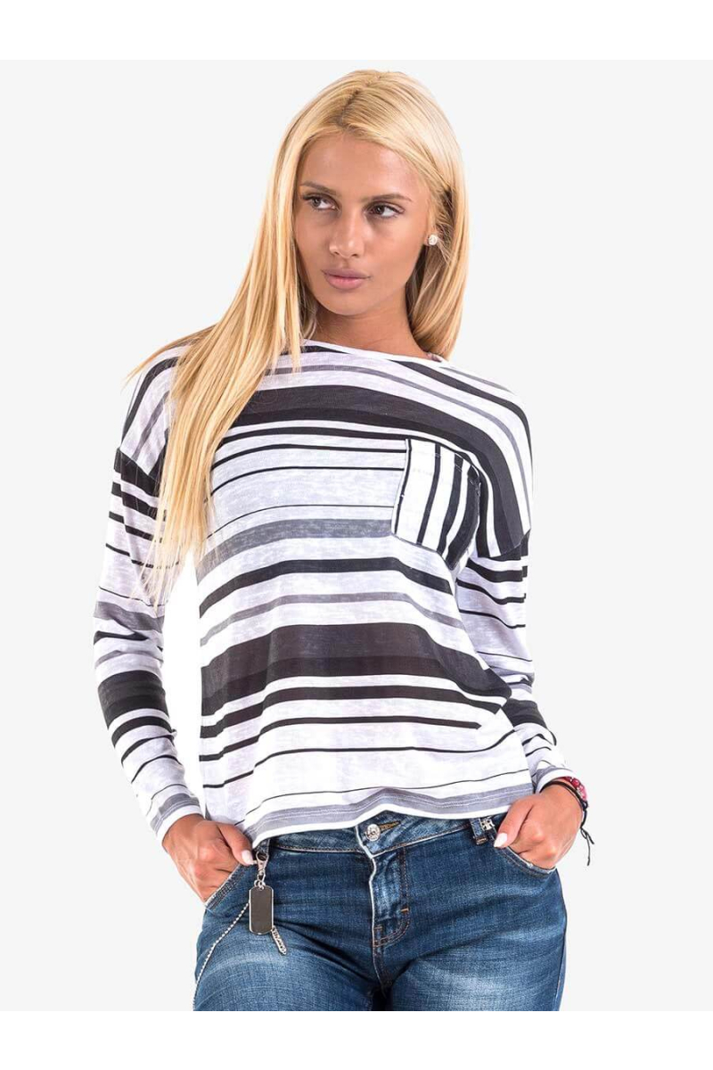 Дамска блуза на райе с джоб - бяла 601668 INDIGO Fashion